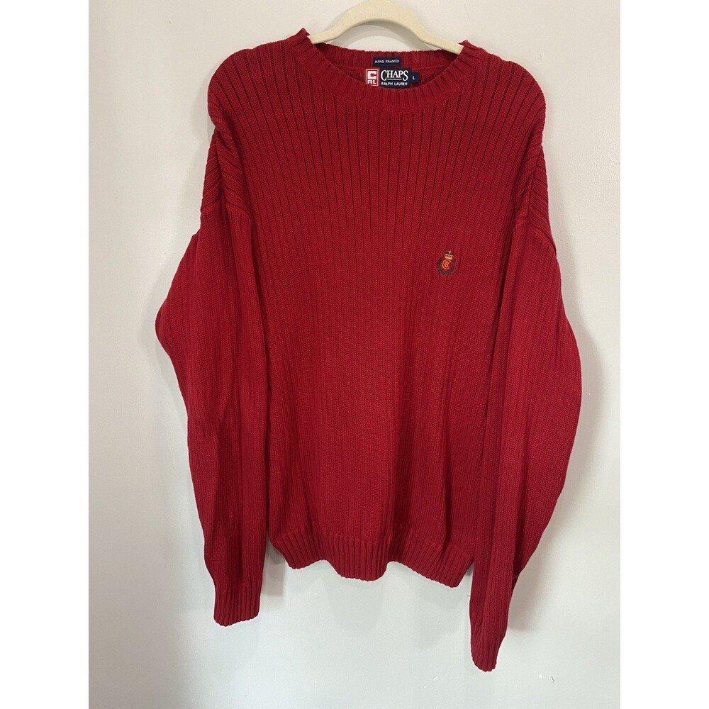 Vintage Red Chaps Ralph Lauren Cotton Cable Knit Sweater Sz L 90s Fisherman